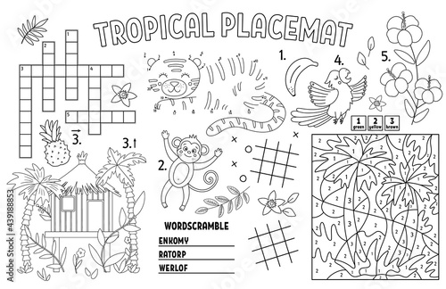 Vector tropical placemat for kids. Exotic summer printable activity mat with crossword, dot-to-dot, maze, color by number. Black and white play mat or coloring page with cute jungle animals, birds. .