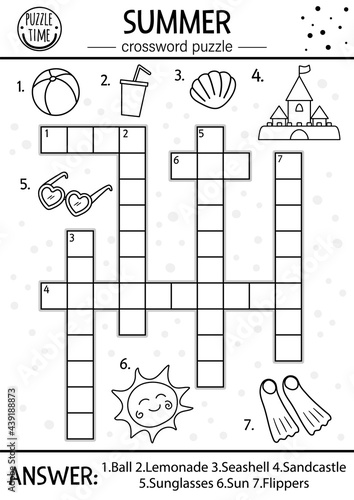 Vector black and white summer crossword puzzle for kids. Simple line quiz with beach objects for children. Educational outline sea vacation activity with cute funny characters.