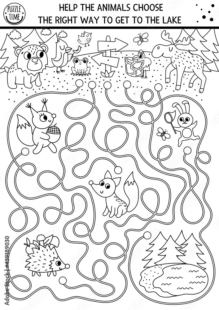 Black and white summer camp maze for children. Active holidays outline preschool printable activity. Family nature trip labyrinth or coloring page with cute woodland animals going to the lake.