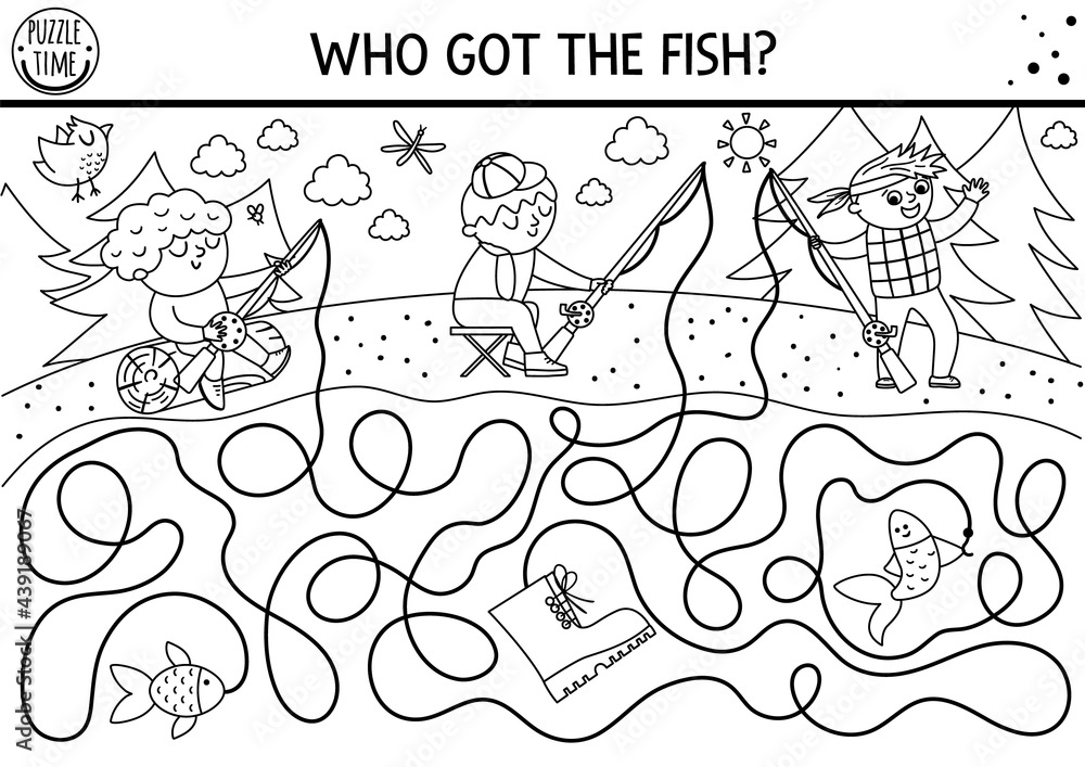Black and white summer camp maze for children. Active holidays outline preschool printable activity. Family nature trip labyrinth coloring page with cute fishing kids with rods. Who got the fish?.