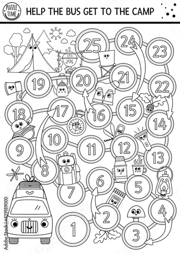 Black and white summer camp dice board game for children with cute kawaii bus and camping equipment. Active holidays outline boardgame. Family trip activity or coloring page.