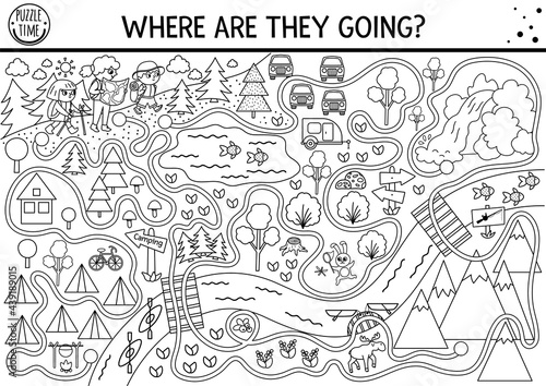 Black and white summer camp maze for children. Active holidays preschool outline printable activity. Family road trip labyrinth game or coloring page with cute hiking kids, camping map, mountains.