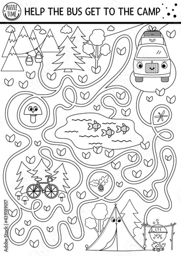 Black and white summer camp maze for children. Active holidays preschool outline printable activity. Family road trip labyrinth game or coloring page with cute kawaii bus going to the camp.