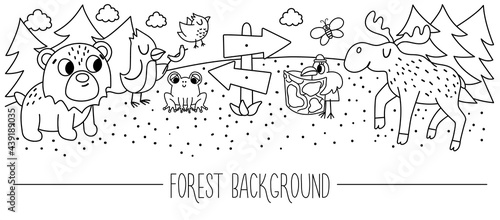 Vector black and white horizontal border forest background. Cute outline card with comic adorable animals in the woods. Adventure road trip print template. Active local tourism line bookmark.
