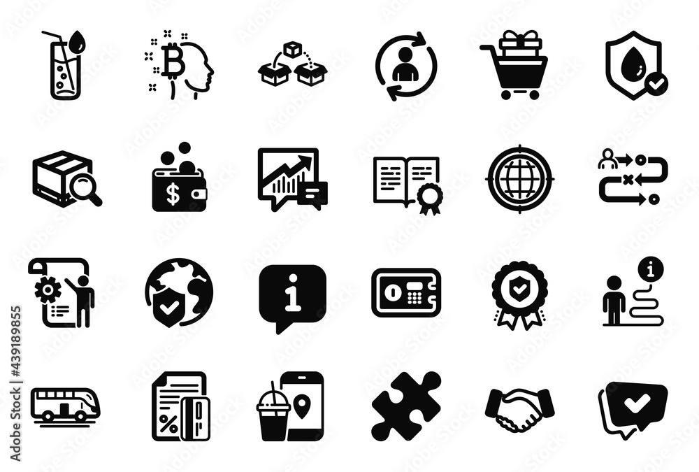 Vector Set of Business icons related to Water glass, Approved and Person info icons. Safe box, Puzzle and Bitcoin think signs. Search package, Certificate and Food app. Journey path. Vector Vector Set of Business icons related to Water glass, Approved and Person info icons. Safe box, Puzzle and Bitcoin think signs. Search package, Certificate and Food app. Journey path. Vector
