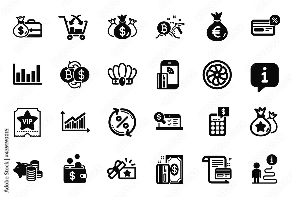 Vector Set of Finance icons related to Vip ticket, Online accounting and Loan percent icons. Contactless payment, Column chart and Piggy bank signs. Info bubble, journey path. Vector Vector Set of Finance icons related to Vip ticket, Online accounting and Loan percent icons. Contactless payment, Column chart and Piggy bank signs. Info bubble, journey path. Vector