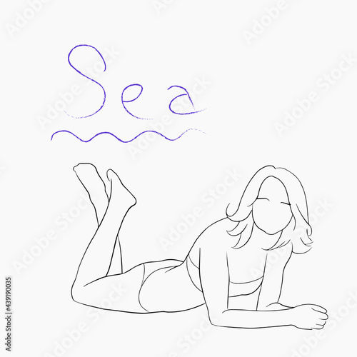 contour line drawing. Beautiful woman lying on the beach