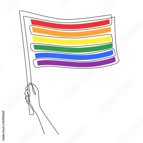 Hand holding LGBT rainbow flag in continuous one line drawing. Pride month celebration against violence, discrimination, human rights violation. Vector illustration in simple linear style