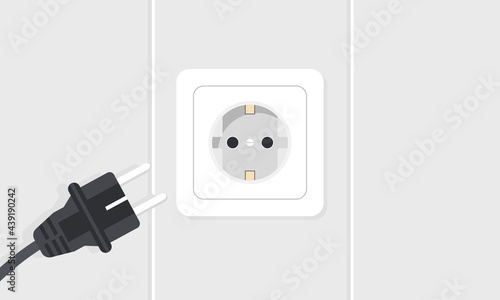 Chord about to be plugged in electrical socket on wall at home. House electricity and power concept. Vector illustration.
