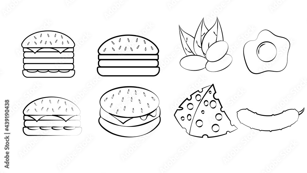 Black and white set of eight icons of delicious food and snacks items for a restaurant bar cafe on a white background: burger, pistachios, egg, cheese, cucumber