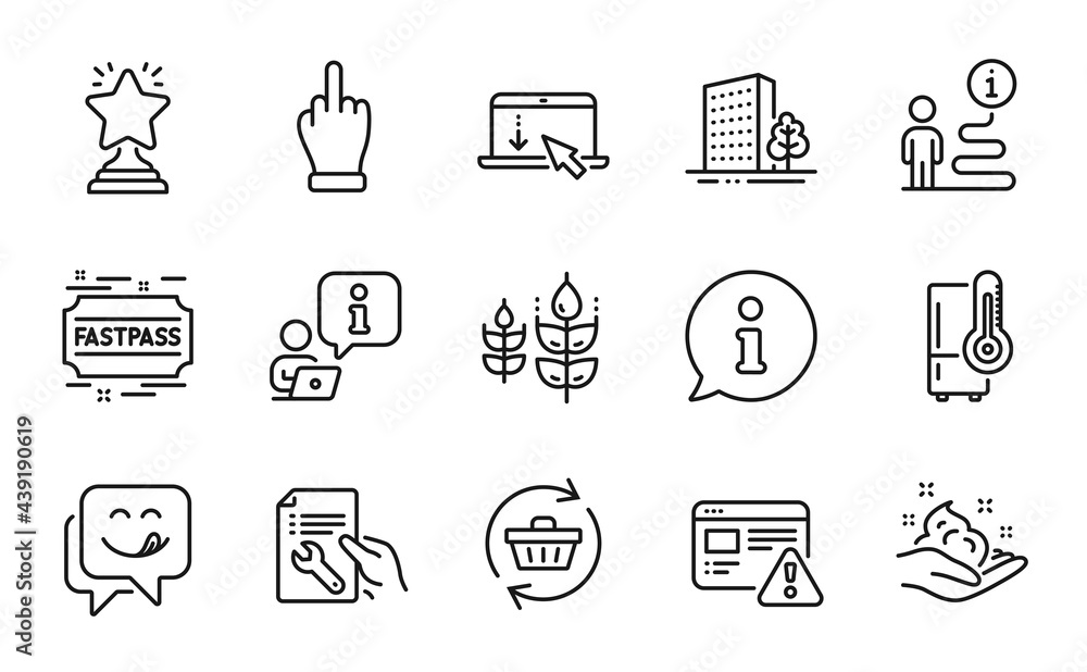 Business icons set. Included icon as Yummy smile, Internet warning, Refrigerator signs. Middle finger, Refresh cart, Gluten free symbols. Skin care, Buildings, Scroll down. Winner. Vector Business icons set. Included icon as Yummy smile, Internet warning, Refrigerator signs. Middle finger, Refresh cart, Gluten free symbols. Skin care, Buildings, Scroll down. Winner. Vector