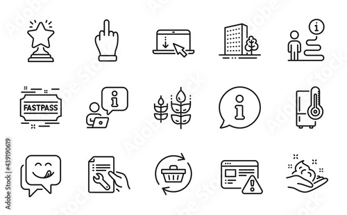 Business icons set. Included icon as Yummy smile, Internet warning, Refrigerator signs. Middle finger, Refresh cart, Gluten free symbols. Skin care, Buildings, Scroll down. Winner. Vector