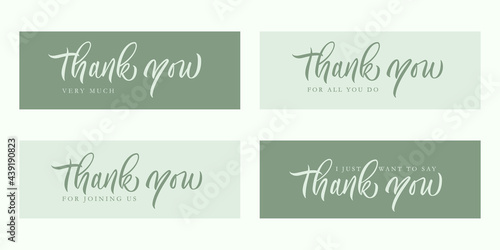 Thank you set - 4 different typography designs. Calligraphic inscription. Vector. Green theme.