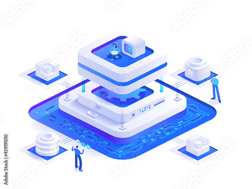 Bitcoin mining isometric concept. People work digital money mining farm