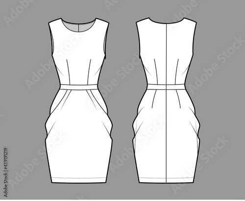 Dress tulip technical fashion illustration with sleeveless, fitted body, knee length peg-top pencil skirt. Flat apparel front, back, white color style. Women, men unisex CAD mockup