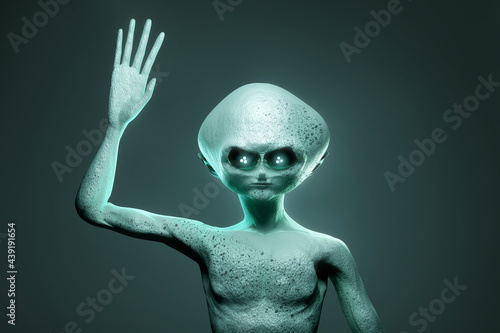 Portrait of a extra-terrestrial alien life form waving. 3D illustration.