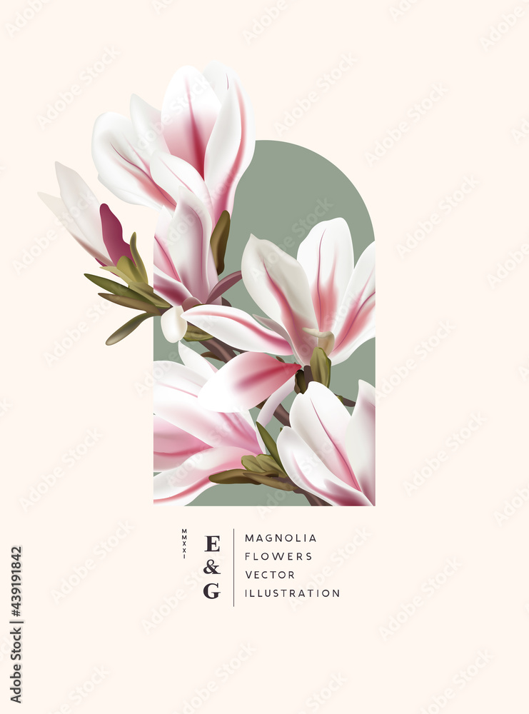 Floral realisitc magnolia flowers decorations. Special Event marketing plant background vector illustration.