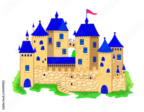 Illustration of fantasy fairyland medieval castle. Drawing of toy kingdom for kids fairy tale book. Building for computer game tileset or background. Flat vector cartoon image.