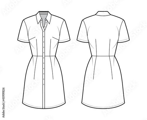 Dress shirt technical fashion illustration with short sleeves, fitted body, knee length pencil skirt, classic collar, button closure. Flat apparel front, back, white color. Women men unisex CAD mockup