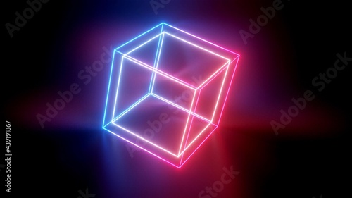 3d render. Background with neon glow, light gradient blue red magenta. 3d luminous frame figure in the dark. Cube