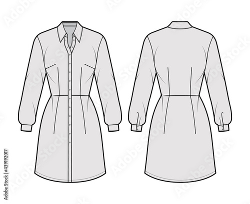 Dress shirt technical fashion illustration with long sleeves, fitted body, knee length pencil skirt, classic collar, button closure. Flat apparel front, back, grey color. Women, men unisex CAD mockup