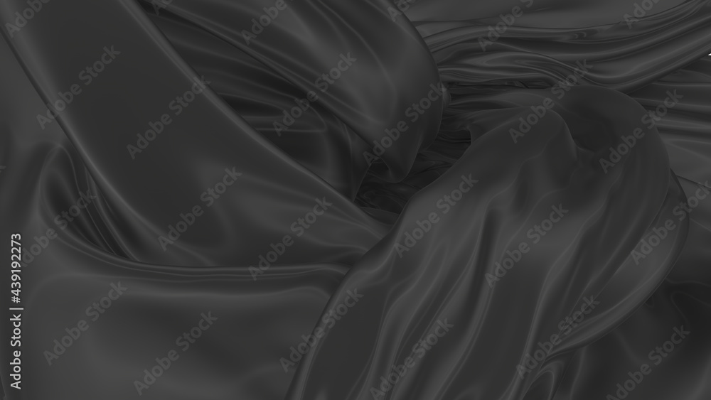 Fototapeta premium Beautiful flowing fabric of black wavy silk or satin. 3d rendering image.