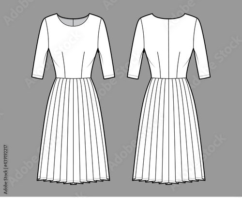 Dress pleated technical fashion illustration with elbow sleeves, fitted body, knee length skirt. Flat apparel front, back, white color style. Women, men unisex CAD mockup
