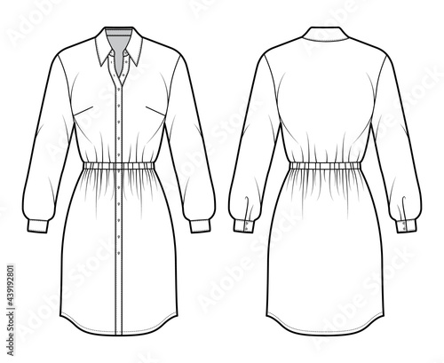 Dress shirt technical fashion illustration with gathered waist, long sleeves, fitted, pencil skirt, classic collar, button closure. Flat apparel front, back, white color style. Women, men unisex CAD