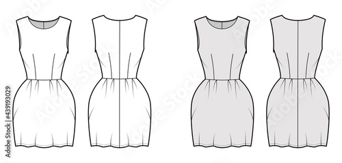 Dress bell technical fashion illustration with sleeveless, fitted body, mini length pencil skirt. Flat apparel front, back, white, grey color style. Women, men unisex CAD mockup