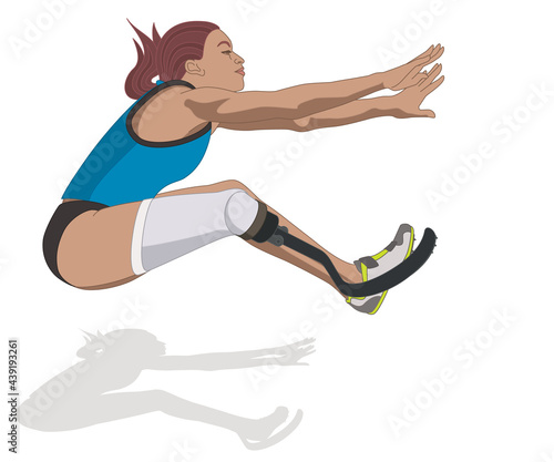 para sports paralympic long jump, physical disabled female athlete on prosthetic leg, track and field, isolated on a white background