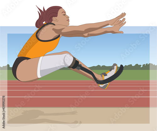 para sports paralympic long jump, physical disabled female athlete on prosthetic leg, track and field, with track in background