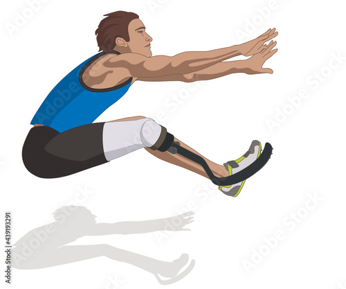 para sports paralympic long jump, physical disabled male athlete on prosthetic leg, track and field, isolated on a white background photo