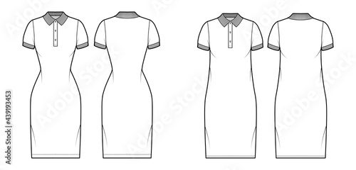 Set of Dresses polo fashion illustration with short sleeves, oversized fitted body, knee length pencil skirt, henley neckline. Flat apparel front, back, white color style. Women, men unisex CAD mockup