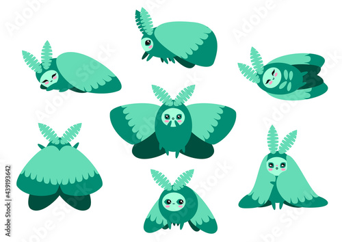 Set of cute kawaii green moth stickers. Character night-fly design collection. Kid graphic  kawaii concept. Adorable little moth  butterfly vector illustration.