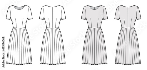 Dress pleated technical fashion illustration with short sleeves, fitted body, knee length skirt. Flat apparel front, back, white, grey color style. Women, men unisex CAD mockup