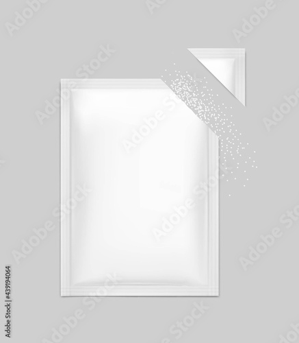 Blank torn sachet packaging mockup. Vector illustration. Front view. Can be use for template your design, presentation, promo, ad. EPS10. 