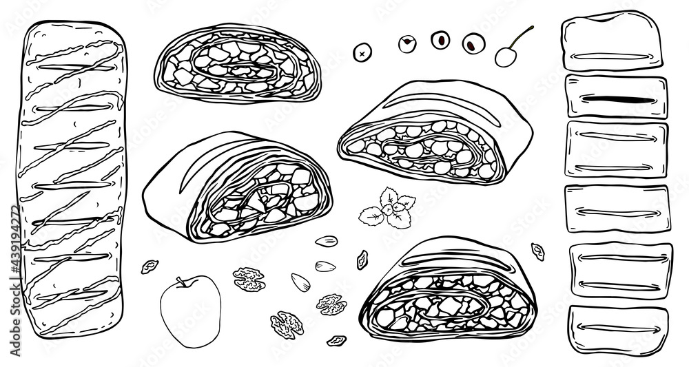 Illustration set slices and whole strudel with apples or cherry. Various types of dessert isolated on white background. Black outline hand drawing doodle style. Illustration set slices and whole strudel with apples or cherry. Various types of dessert isolated on white background. Black outline hand drawing doodle style.