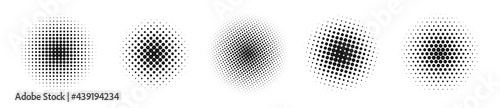 Black and white halftone radial pattern set. Abstract dotty vector background.