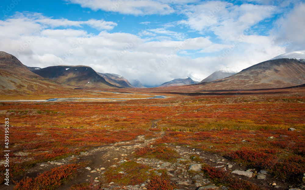 Amazing view of rocky Kungsleden trail between Salka and Singi, Swedish Lapland, mid-September