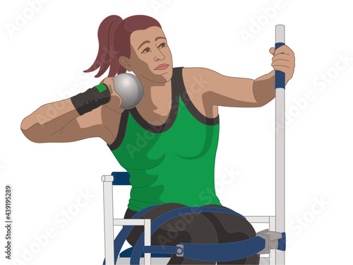 para sports paralympic shot put, physical disabled female athlete, track and field, isolated on a white background
