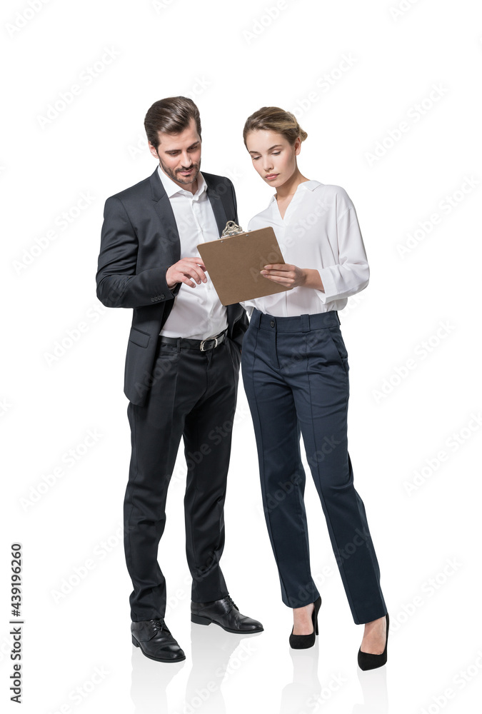 Full length of businesswoman and businessman in formal wears is holding and pensive looking into clipboard with papers or contract. Business people Isolated over white background. Concept of teamwork Full length of businesswoman and businessman in formal wears is holding and pensive looking into clipboard with papers or contract. Business people Isolated over white background. Concept of teamwork