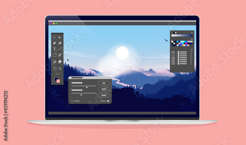 Photo editing software on laptop screen - Computer with image editor software, user interface and beautiful landscape in background. Vector illustration. photo