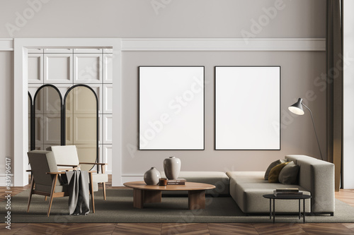 Εκτύπωση καμβά Two framed mockup posters in villa living room design interior, beige furniture on bright wall, wood floor, folding screen