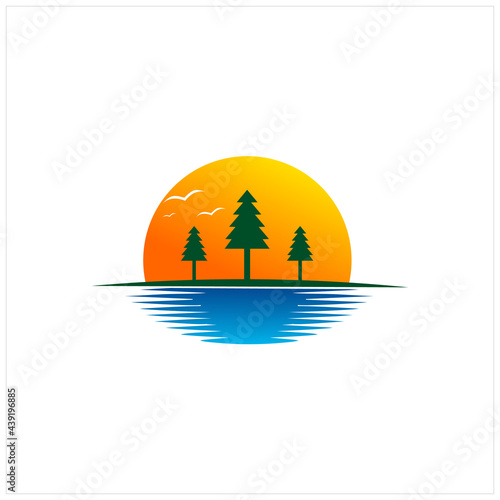 sunset beach logo design graphic