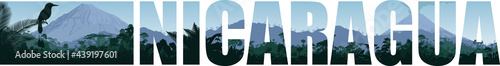 vector panorama of Nicaragua with vulcano in jungle rainforest and Turquoise browed Motmot 