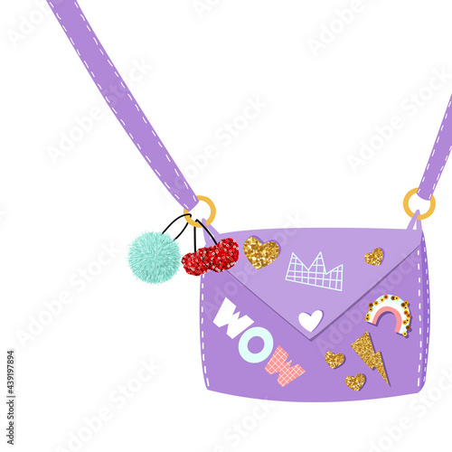 Violet cross body bag with gold glitter pins. Cute girlish print. Vector hand drawn illustration.