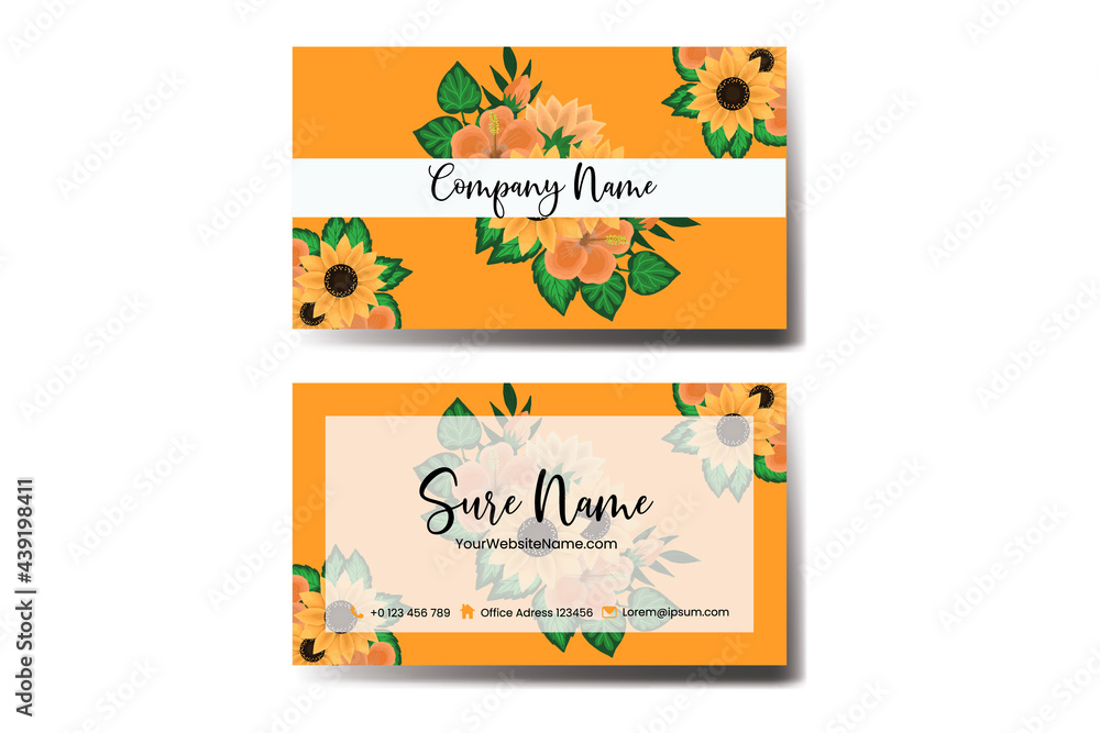 Business Card Template Sunflower .Double-sided Blue Colors. Flat Design Vector Illustration. Stationery Design