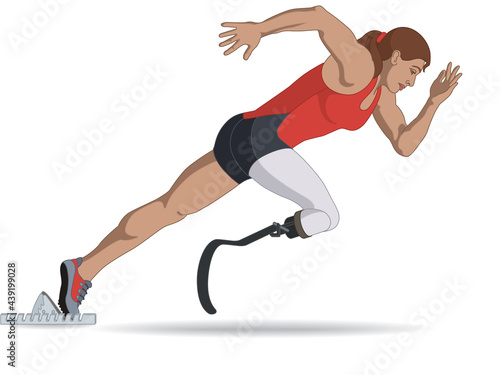para sports paralympic sprint running, physical disabled female athlete on prosthetic leg, track and field, isolated on a white background