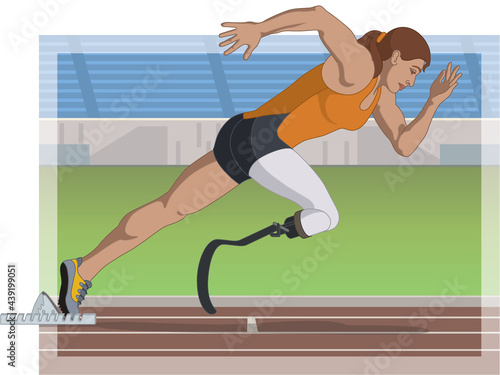para sports paralympic sprint running, physical disabled female athlete on prosthetic leg, track and field, with track and stadium in background