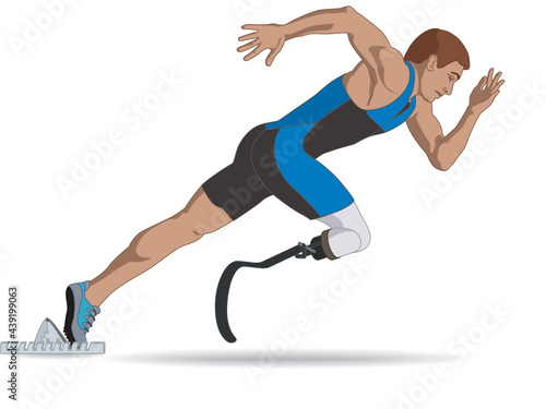 para sports paralympic sprint running, physical disabled male athlete on prosthetic leg, track and field, isolated on a white background
